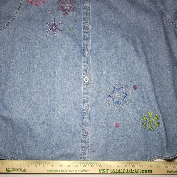 C.J. Banks Womens Blue Denim Long Sleeve Button Up Embroidered Jacket Size 1X - Picture 8 of 13
